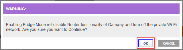 Confirm Bridge Mode screen on Comcast Business Wireless Gateway