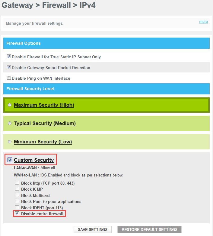 Firewall/Smart Packet Detection on Comcast Business Wireless Gateway