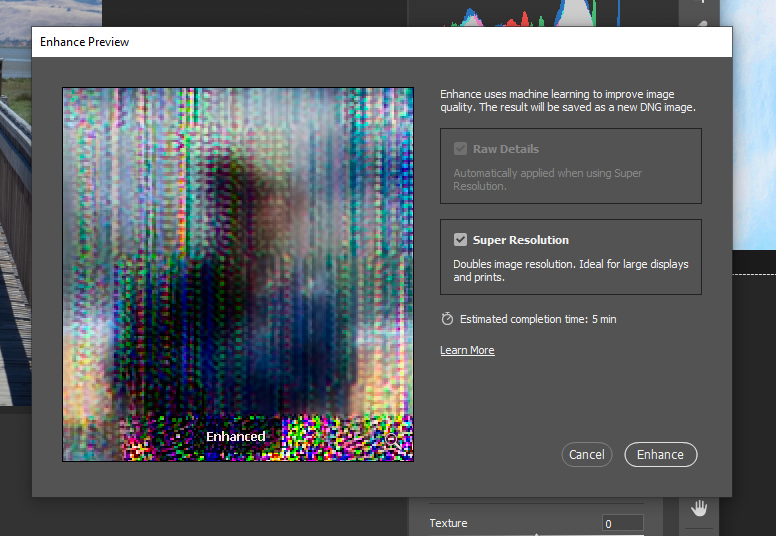 Camera Raw Enhance With Super Resolution Preview Garbled After Repaint On Intel Skull Canyon Nuc Adobe Photoshop Family