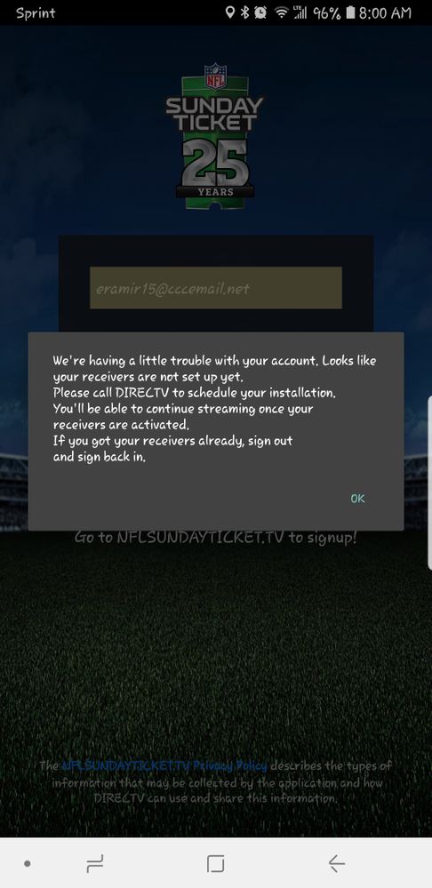 Unable to log into NFL Sunday Ticket mobile app.