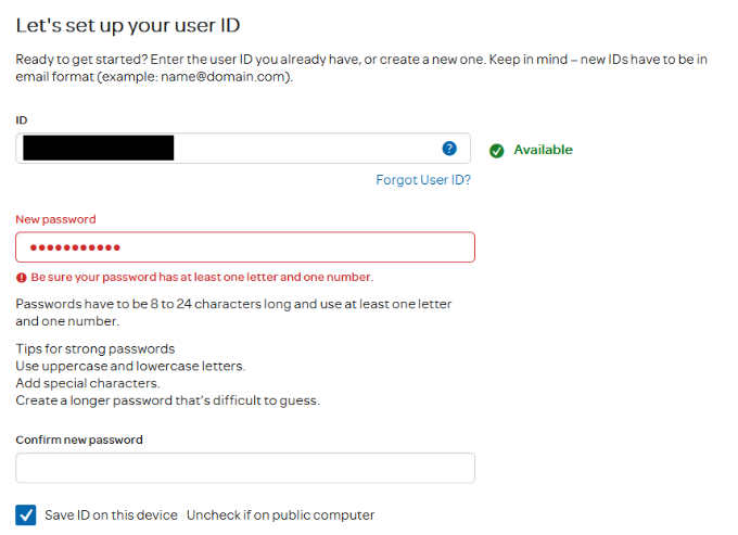 ‎Account user ID password creation fails with incorrect reason given