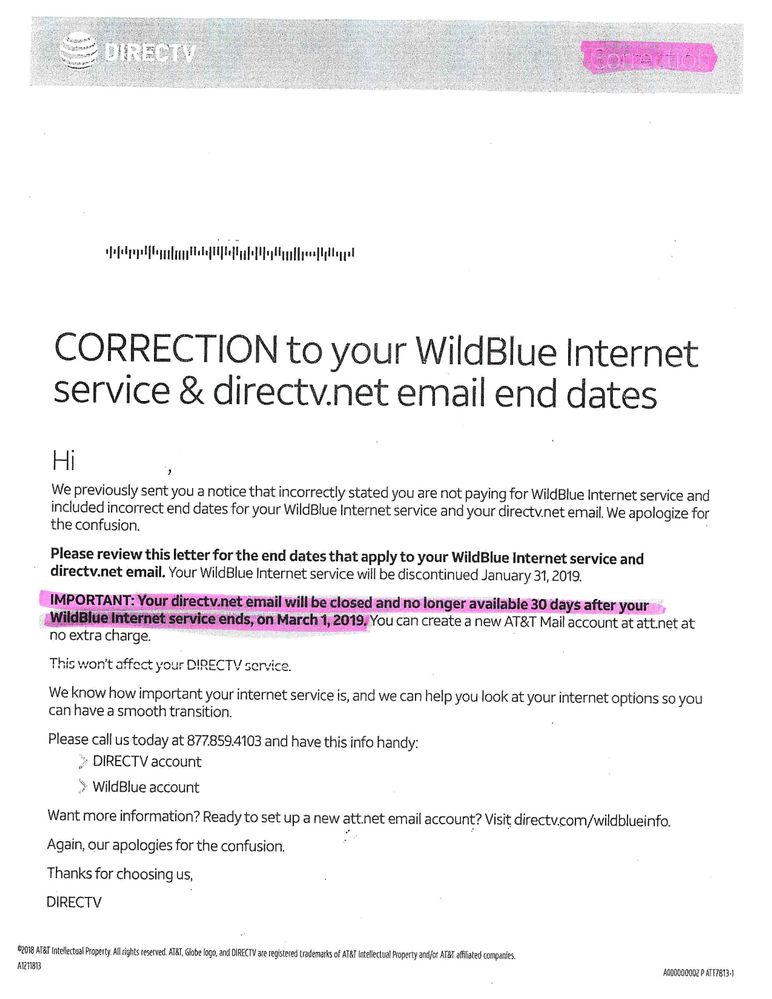 Why won't AT&T honor the information in their Directv/Wildblue Internet  Notice? | AT&T Community Forums