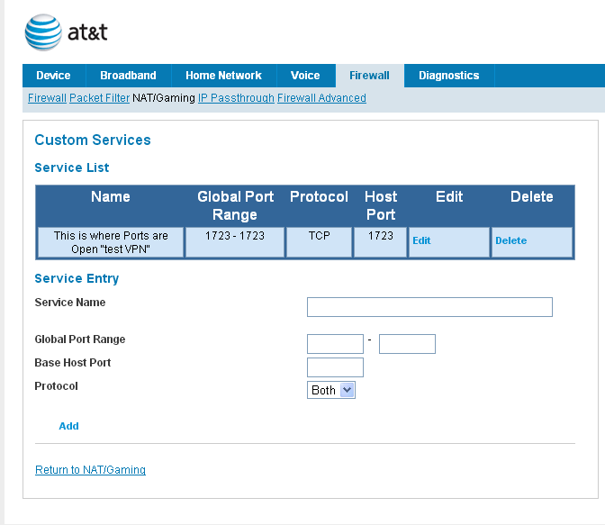 ‎how to setup port forwarding on PACE 5031NV? AT&T Community Forums