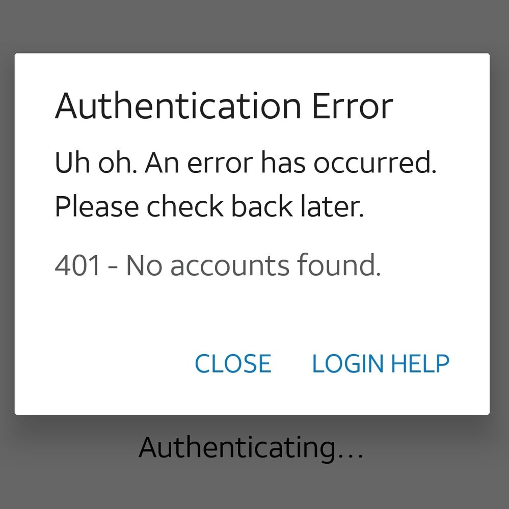 AT&amp;T Thanks authentication error 401 no accounts found