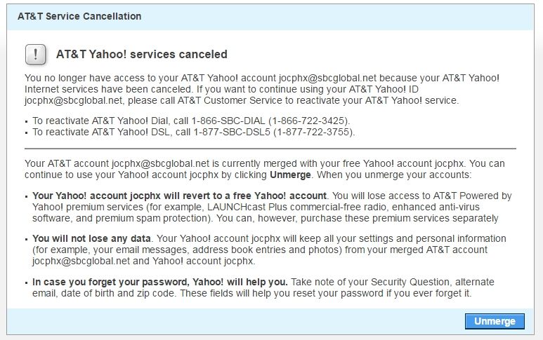 Trying To Unmerge A Yahoo Account From The At T Account At T